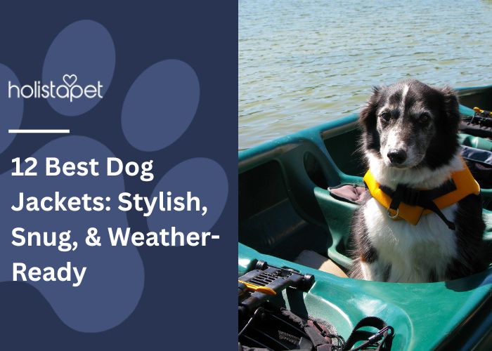 Dog Jackets featured blog image by Holistapet. Shows a dog wearing a warm jacket outdoors, representing comfort and protection in cold weathe