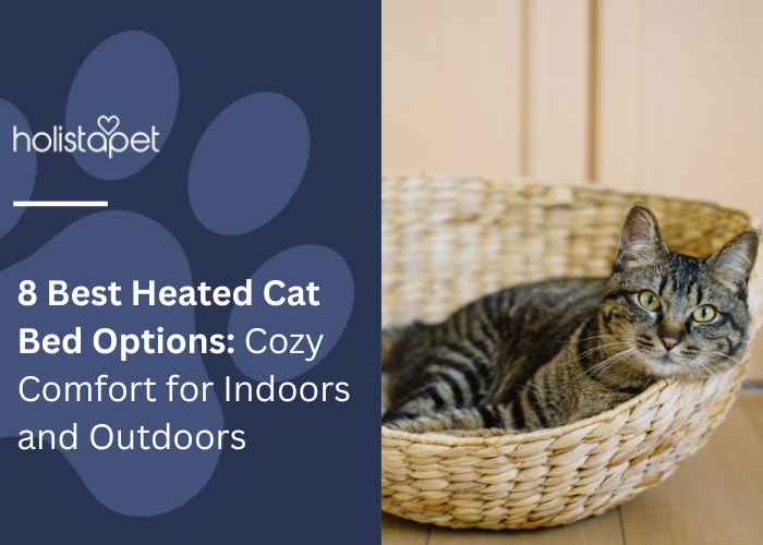 8 Best Heated Cat Bed Options Feature image by Holistapet. Shows a relaxed tabby cat lying in a woven basket bed, representing comfort and warmth.