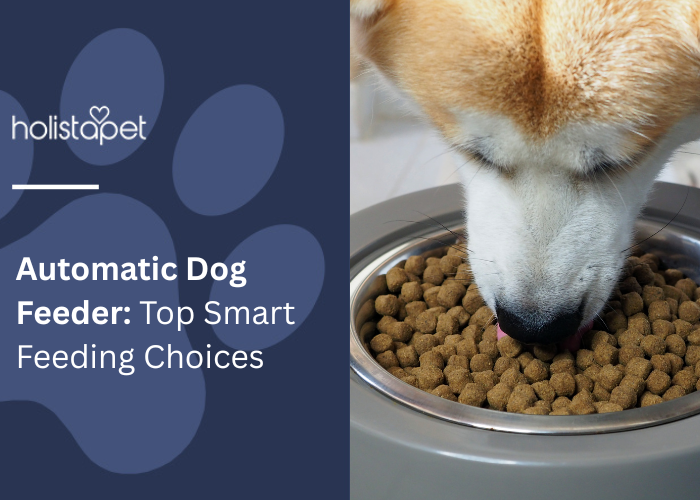 Automatic Dog Feeder Featured blog image by Holistapet. Shows a dog eating kibble from a modern automatic pet feeder, emphasizing smart feeding solutions.