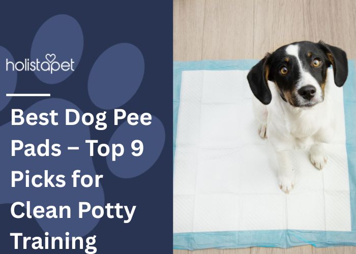 Best Dog Pee Pads Featured blog Image by Holistapet. Shows a young Jack Russel puppy using a potty pad.