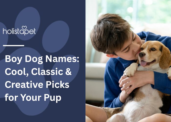 Boy Dog Names Featured Image by Holistapet. Shows a young boy hugging his Beagle dog.