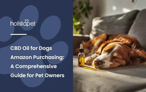A brown, white, and black dog laying down on a couch next to a bottle of CBD oil.