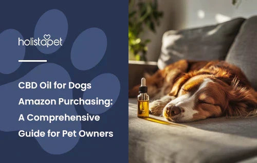 A brown, white, and black dog laying down on a couch next to a bottle of CBD oil.