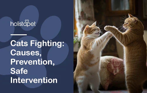 HolistaPet blog header "Cats Fighting" with two orange-and-white cats standing and pawing at each other.