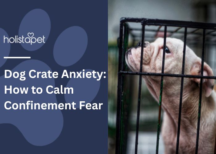 Dog Crate Anxiety featured blog image by Holistapet. Shows a white pitbull in a crate.