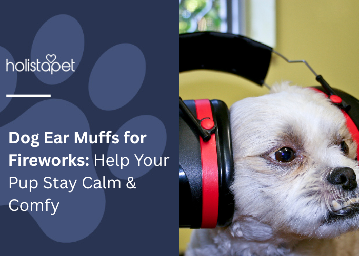 Dog Ear Muffs for Fireworks: Help Your Pup Stay Calm & Comfy Featured blog image by Holistapet. Shows a small dog wearing noise-reducing earmuffs, illustrating a way to reduce anxiety during fireworks.