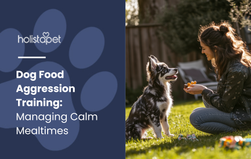 Feature Image by Holistapet: a dog owner teaching their puppy to sit in a sunny backyard, using treats for positive reinforcement.