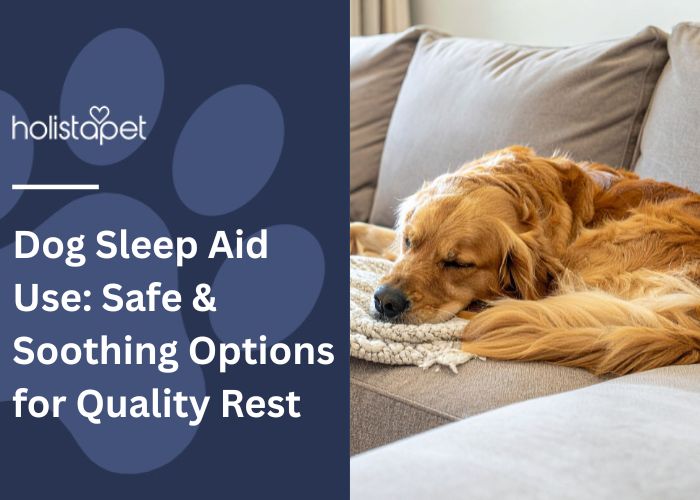Dog Sleep Aid featured blog image by Holistapet. Shows a Golden Retriever sleeping on a tan bed