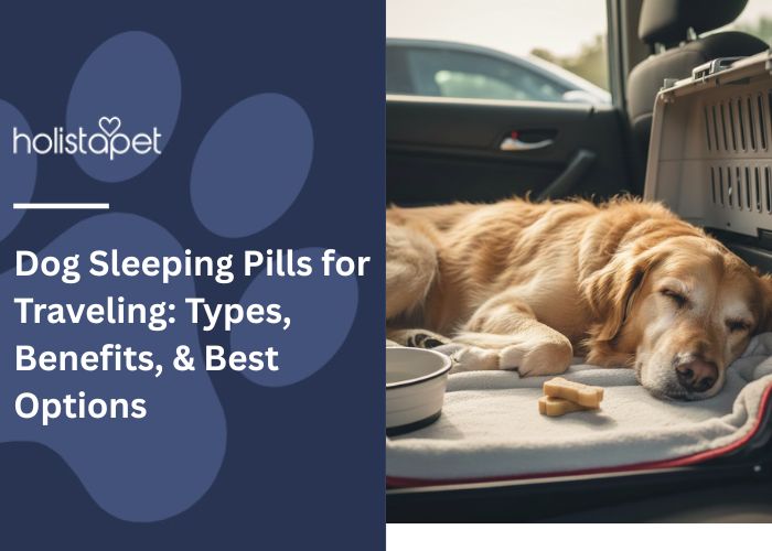 Dog Sleeping Pills for Traveling featuredd blog image by Holistapet. Shows a Golden Retriever dog sleeping in the back of an SUV.