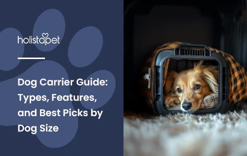 A golden retriever laying down in a dog carrier.