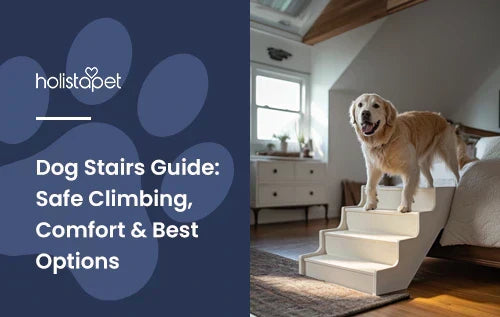 An old golden retriever walking down dog stairs coming from a bed.