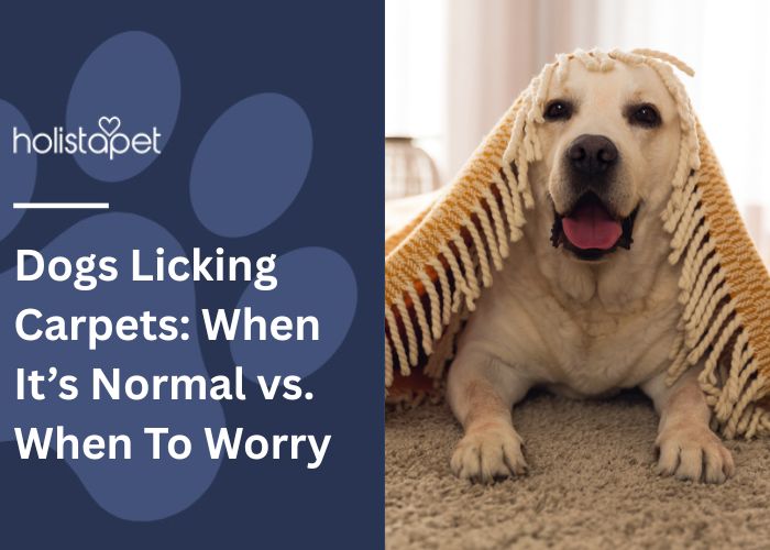 Dog Licking Carpets featured blog image by Holistapet. Shows a tan Labrador dog under a throw rug.