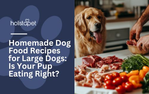 A golden retriever looking at a table full of fresh food.