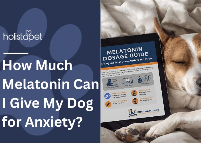 Cheef Botanicals featured image for "how much melatonin can I give my dog for anxiety?" Show a dog sleeping on a blanket next to the dog is a melatonin dosage guide pamplet
