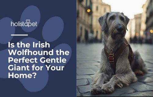 An Irish Wolfhound laying down outside.