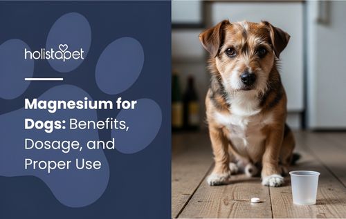 A small brown and white dog sits beside a glass, representing Magnesium for Dogs and its health benefits.