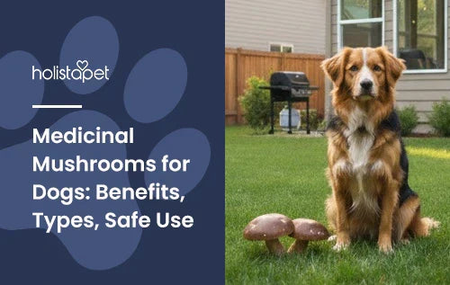 A dog sitting in a backyard with two portobello mushrooms growing next to it.