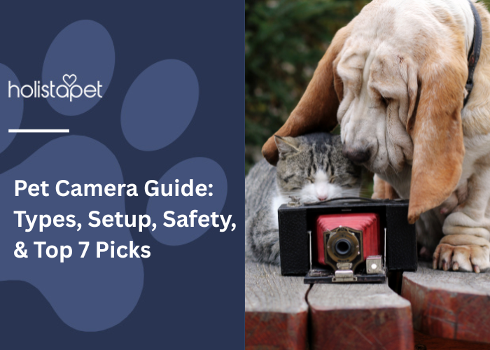 Dog and cat looking at a pet camera on a wooden surface.