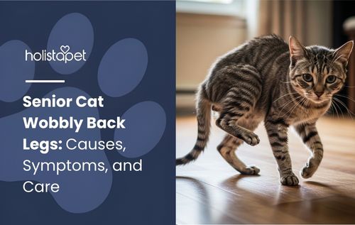 HolistaPet featured image showing a tabby cat walking with the text “Senior Cat Wobbly Back Legs: Causes, Symptoms, and Care.”
