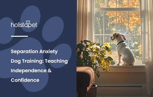 Separation Anxiety Training in Dogs featured blog image by Holistapet. Shows a Teerrier dog looking out the window for its owner.