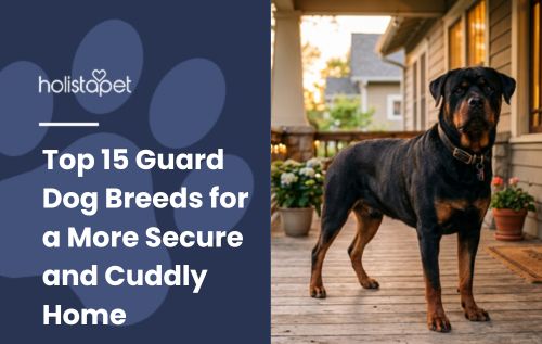 HolistaPet blog header "Top 15 Guard Dog Breeds" with a Rottweiler standing on a house porch
