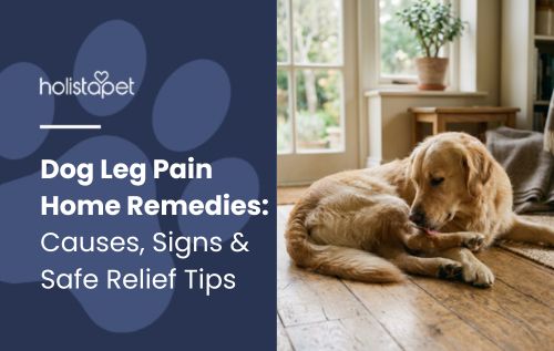 HolistaPet blog header "Dog Leg Pain Home Remedies" with a golden retriever lying licking its paw on a wood floor.