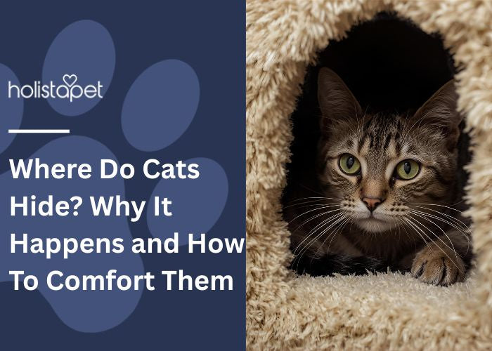 Where do cats hide featured blog image by HolistaPet. show a cat hiding in a cubby hole.