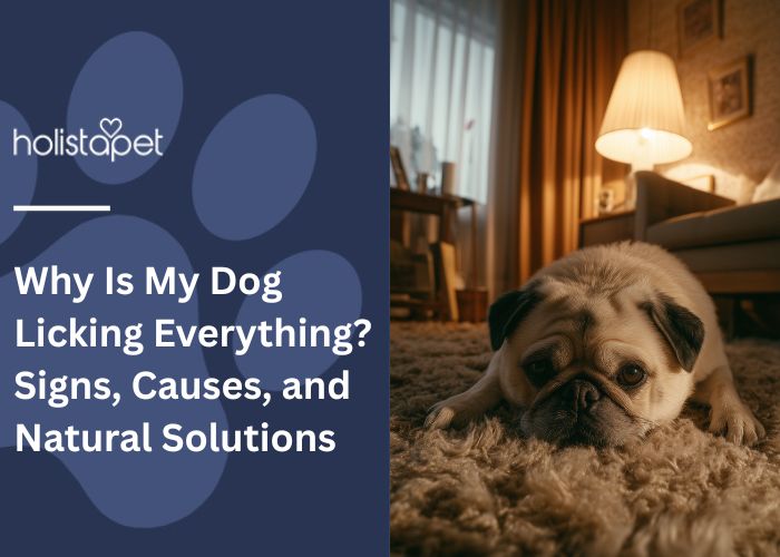 Why Does My Dog Lick Everything featured blog image by Holistapet. Shows a tan Pug dog licking a shaggy carpet.