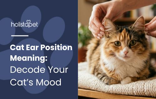 cat ear position meaning (featured blog image by Holistapet) shows a person examining a calico cat's ears