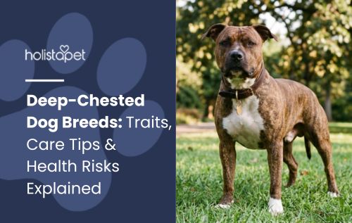 HolistaPet blog header "Deep-Chested Dog Breeds" beside a brindle-and-white dog standing on grass.