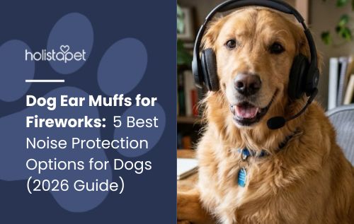 HolistaPet blog header "Dog Ear Muffs for Fireworks: 5 Best Noise Protection Options" with a Golden Retriever in headphones.