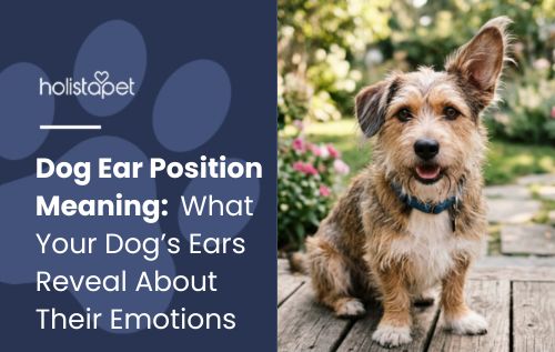HolistaPet blog header "Dog Ear Position Meaning" with a scruffy terrier sitting outdoors on a deck