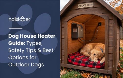 Golden retriever resting on a plaid bed inside a lit wooden doghouse, featured in a dog house heater guide.