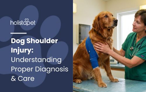 HolistaPet blog header "Dog Shoulder Injury" with a vet examining a golden retriever with a bandaged leg.