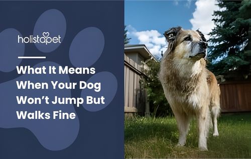 A fluffy tan-and-white dog that won’t jump but walks fine stands in a grassy yard, with a wooden fence and evergreen trees in the background under a blue sky with clouds.