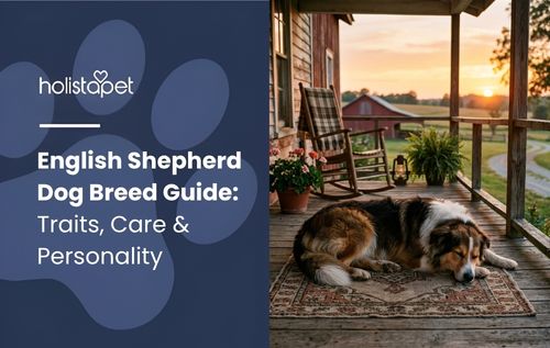English shepherd resting on a porch swing at sunset near a red barn.