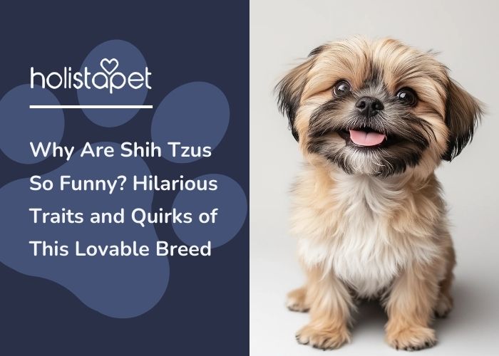 HolistaPet blog header "Why Are Shih Tzus So Funny?" with a tan Shih Tzu puppy sitting, tongue out