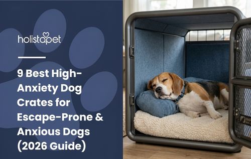 A beagle sleeps comfortably on a plush bed inside a crate, featuring a cozy blue patterned interior.