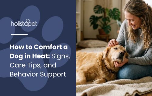 HolistaPet blog header "How to Comfort a Dog in Heat" beside a woman petting a golden retriever indoors.