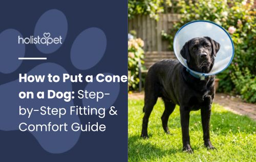 HolistaPet blog header "How to Put a Cone on a Dog" with a black Labrador wearing a plastic cone in a yard.