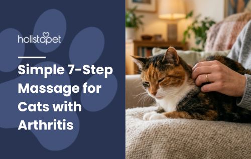 HolistaPet blog header "Simple 7-Step Massage for Cats with Arthritis" with a hand petting a calico cat on a couch.