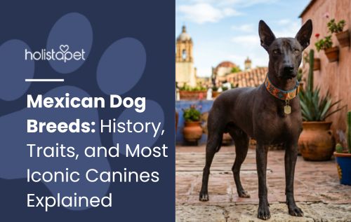 HolistaPet blog header "Mexican Dog Breeds" with a dark hairless Xolo dog standing in a Mexican courtyard.