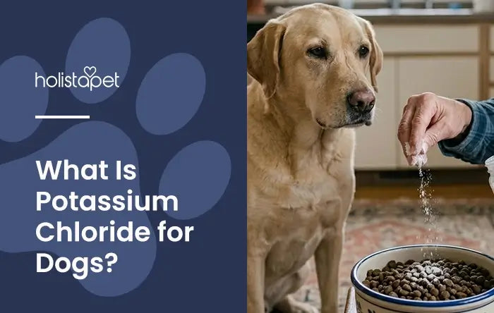 Potassium Chloride for Dogs featured blog image by Holistapet. Shows a person's hand using a spoon to sprinkle potassium chloride powder onto a dog's kibble in a feeding dish. A Golden Retriever is watching close by.