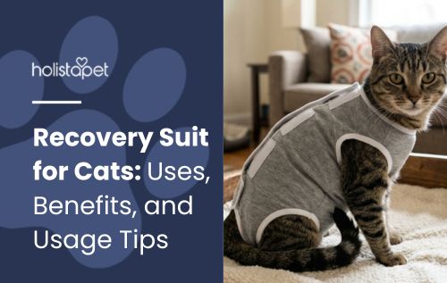 HolistaPet blog header "Recovery Suit for Cats" with a tabby cat wearing a grey body suit in a living room.