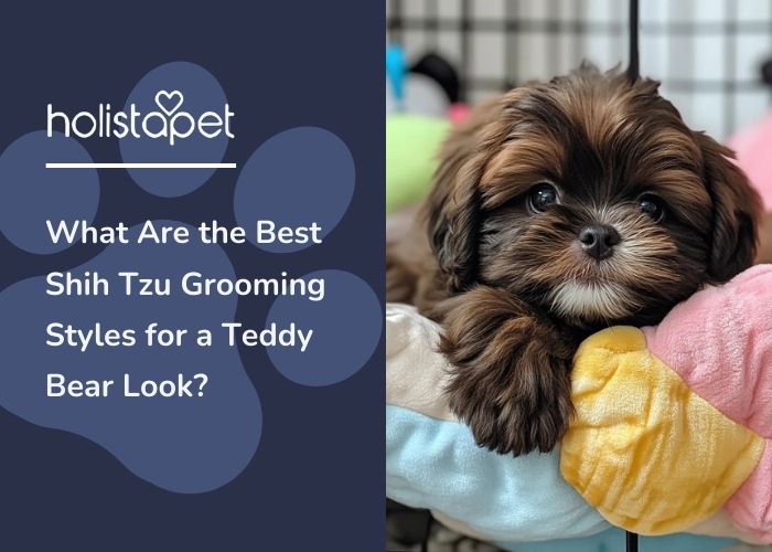 A brown Shih Tzu laying down on a bed.