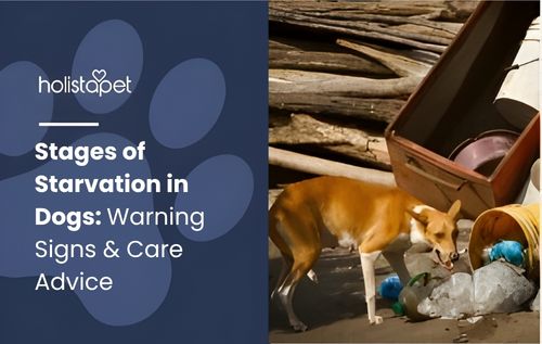 A tan dog with a blue collar is sniffing at some trash, including a stuffed animal and a plastic bag, showing early signs in the stages of starvation in dogs.