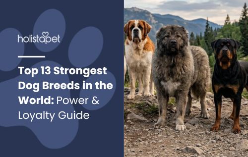 HolistaPet blog header "Top 13 Strongest Dog Breeds in the World" beside three large dogs on a mountain trail.