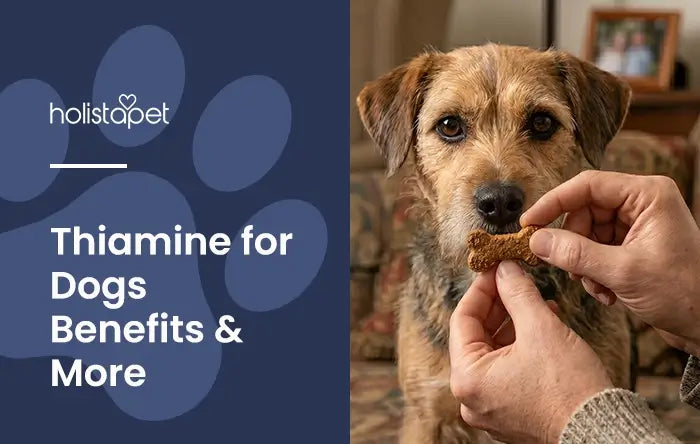 Thiamine for Dogs featured blog image by Holistapet. Shows a dog abut to get a treat with thiamine included