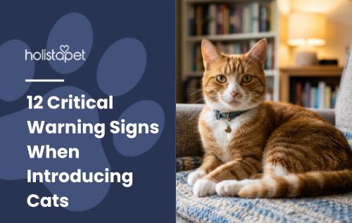 HolistaPet blog header "12 Critical Warning Signs When Introducing Cats" beside an orange tabby on a chair.