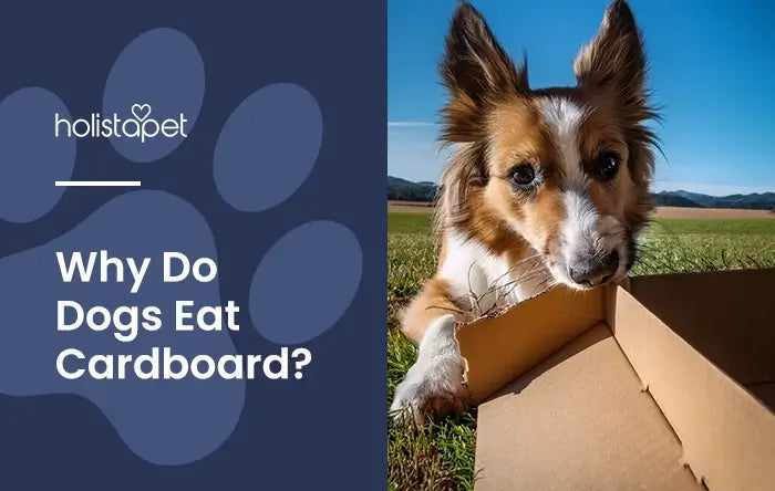 Why Do Dogs Eat Cardboard & Should You Be Concerned? Feature Blog Image by Holistapet. Shows a Sherpherd dog outdoors chewing on a cardboard box.